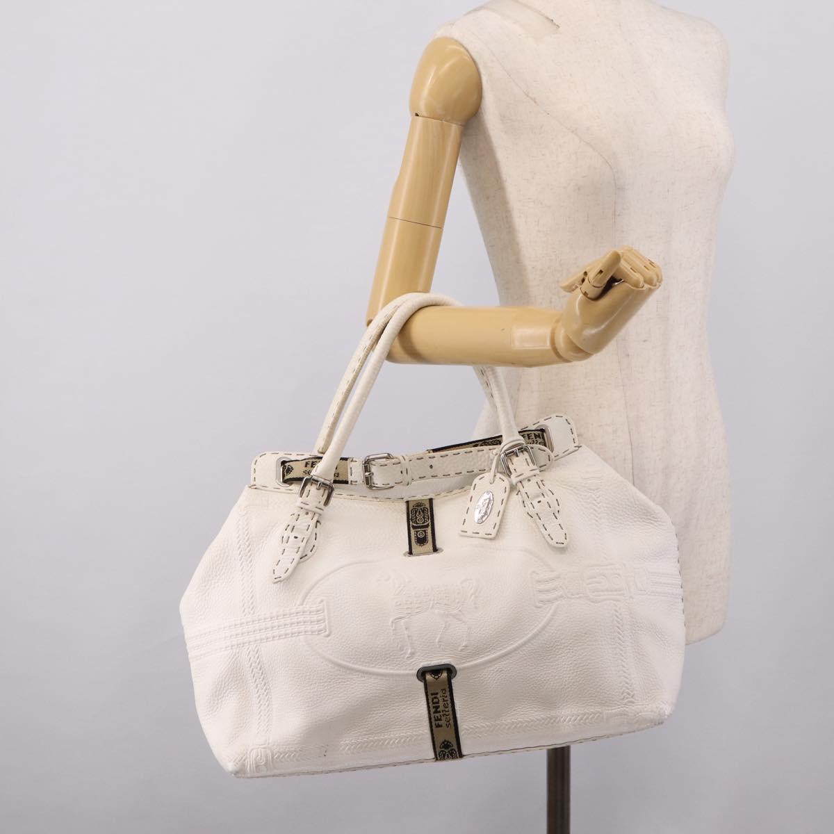 FENDI Celeria Tote Bag Leather White Silver Auth bs37656