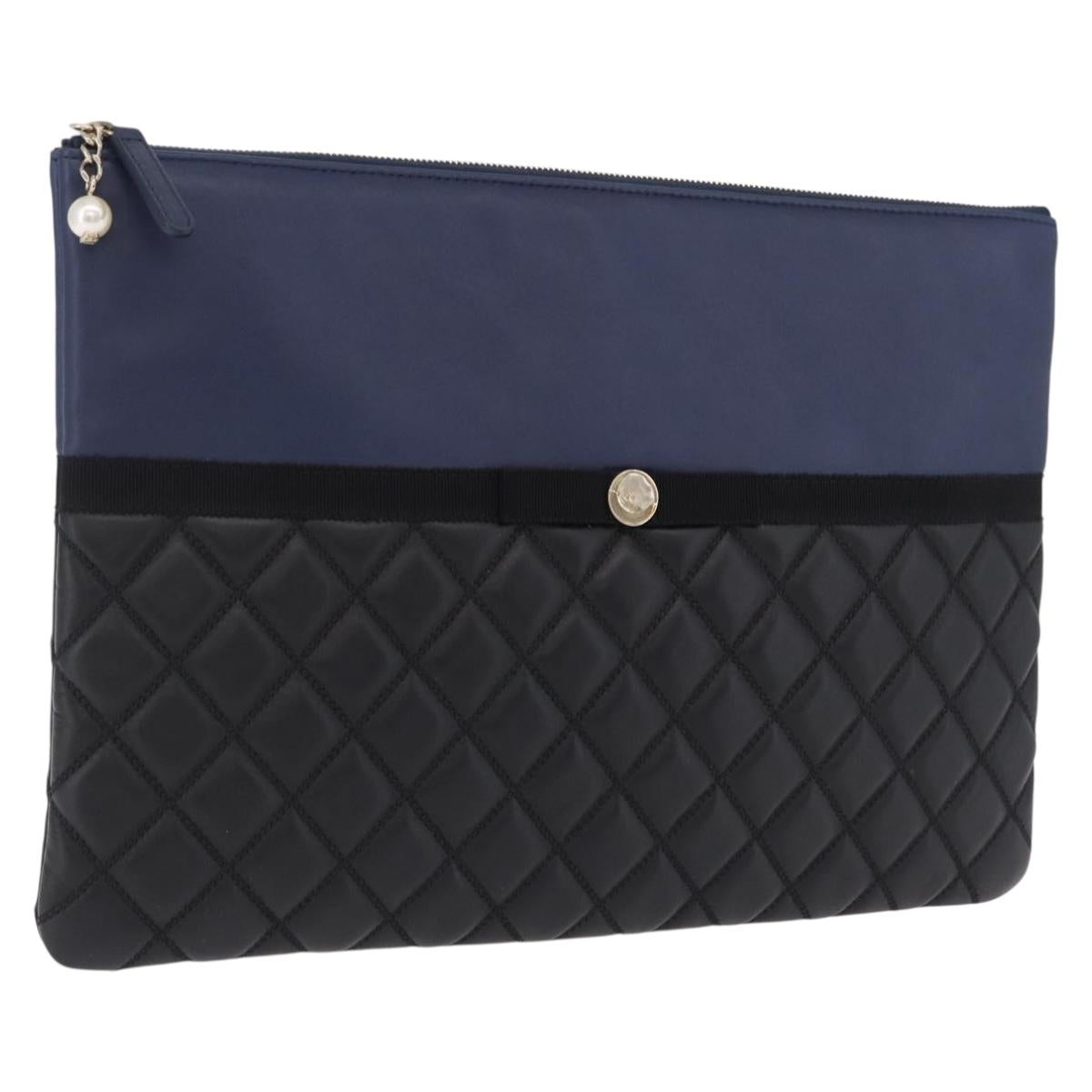 CHANEL Matelasse Clutch Bag Lamb Skin Black Gold CC Auth bs37664