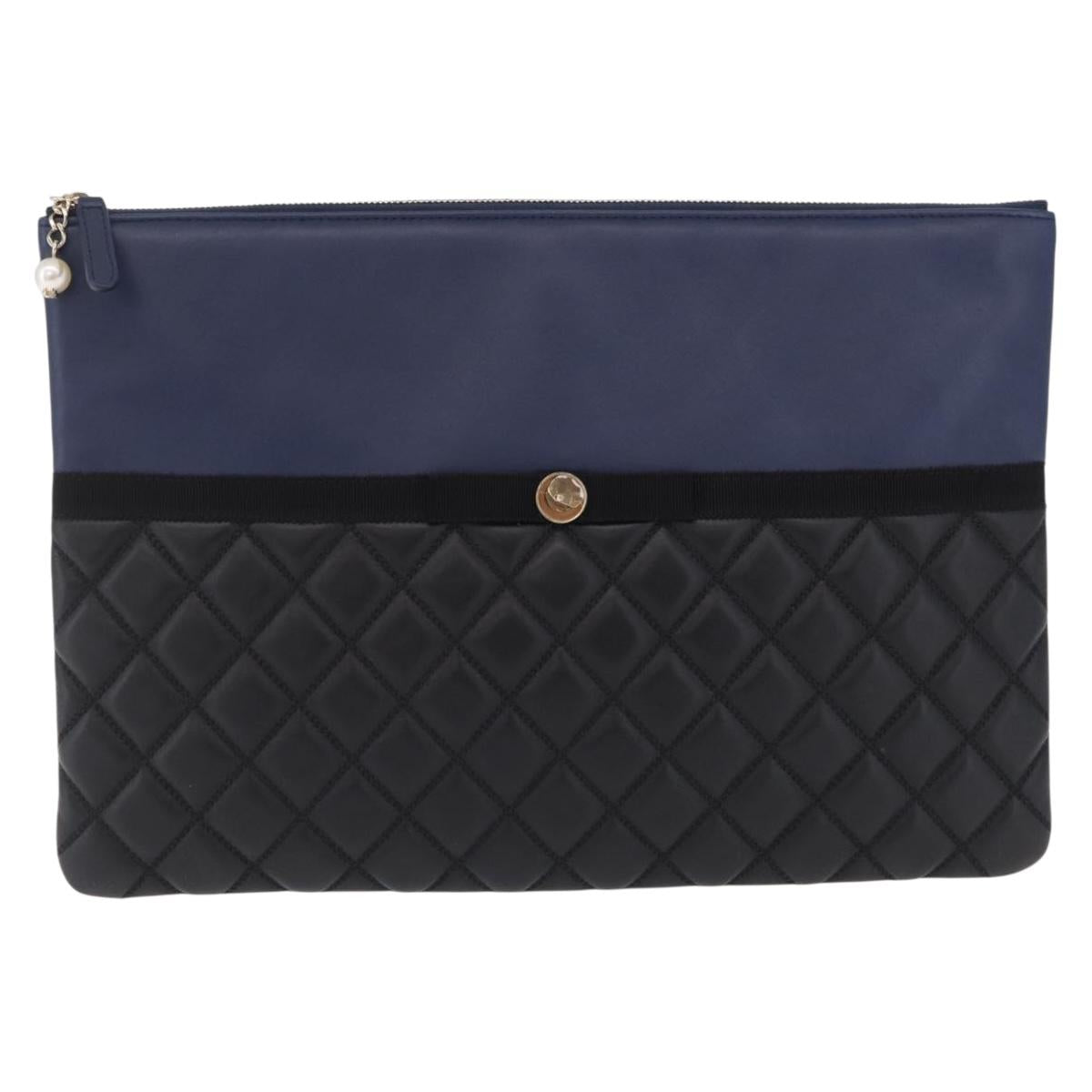 CHANEL Matelasse Clutch Bag Lamb Skin Black Gold CC Auth bs37664