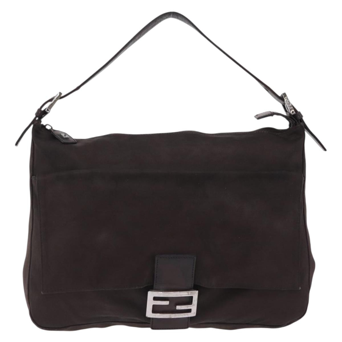 FENDI Mamma Baguette Shoulder Bag Cotton Jersey Brown Silver Auth bs37676