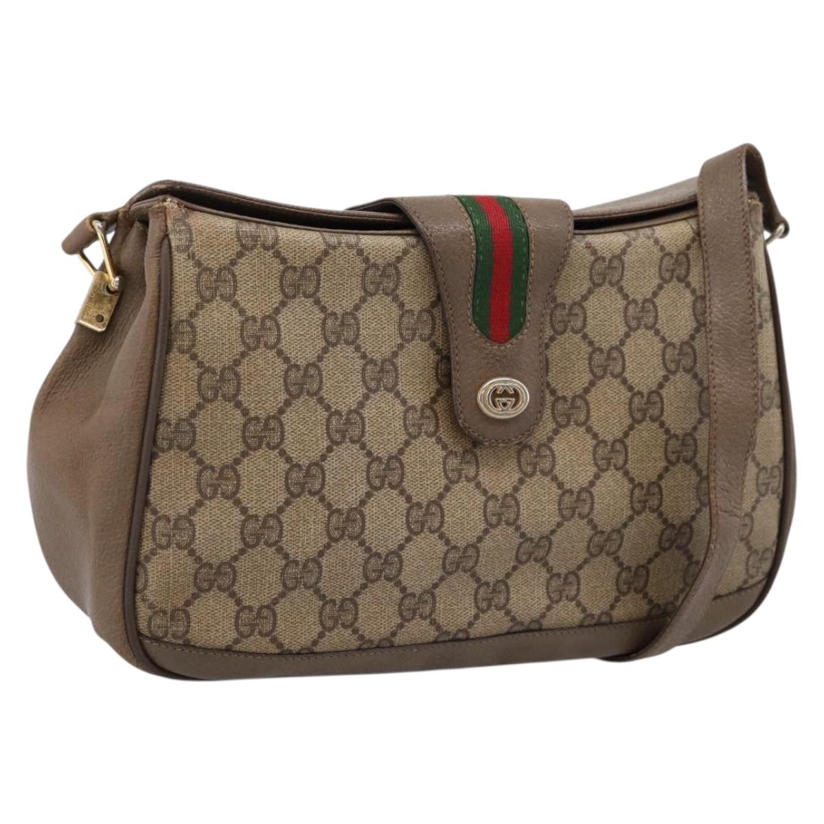 GUCCI GG Supreme Web Sherry Line Bag PVC Beige Gold 116 02 076 Auth bs37680