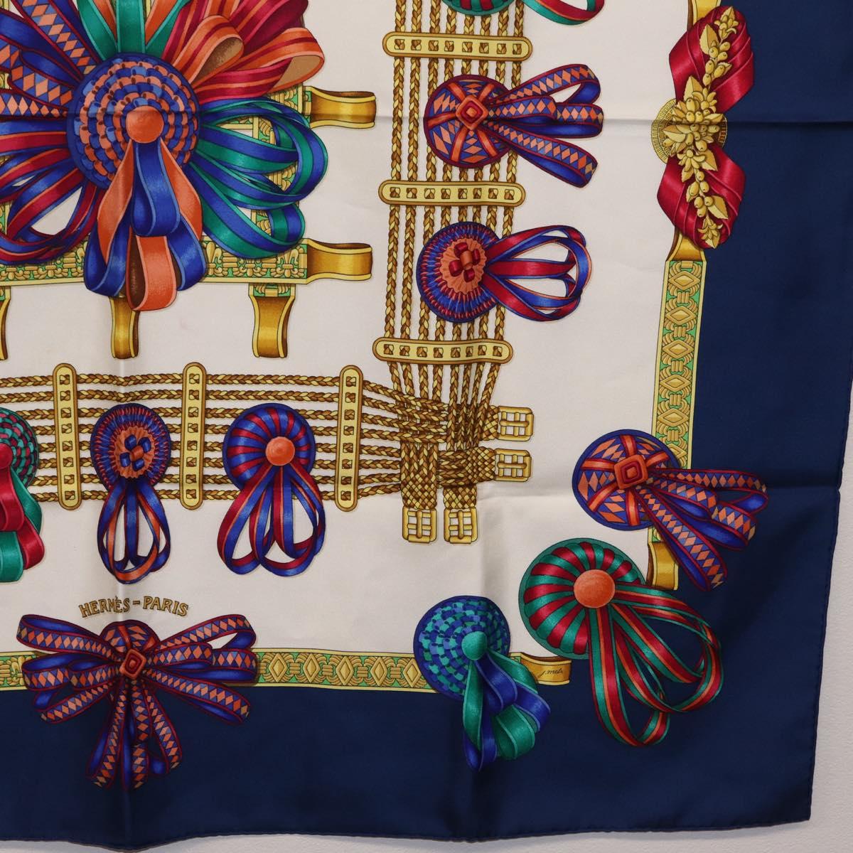HERMES Carre 90 Scarf ”LES RUBANS DU CHEVAL” Silk Blue Auth bs37692