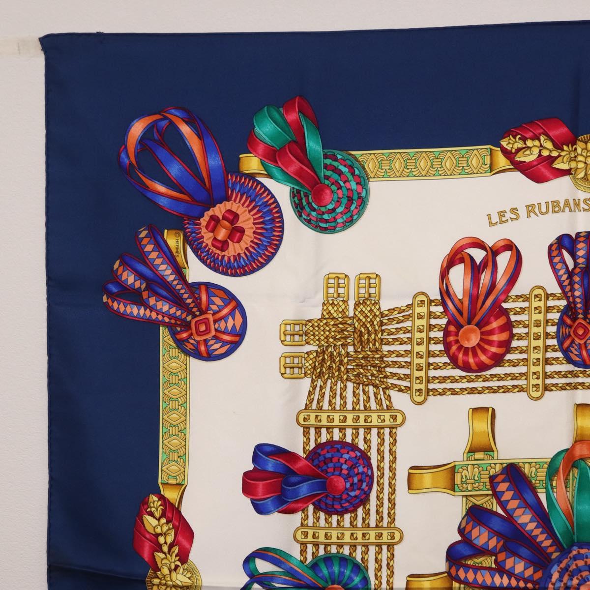 HERMES Carre 90 Scarf ”LES RUBANS DU CHEVAL” Silk Blue Auth bs37692