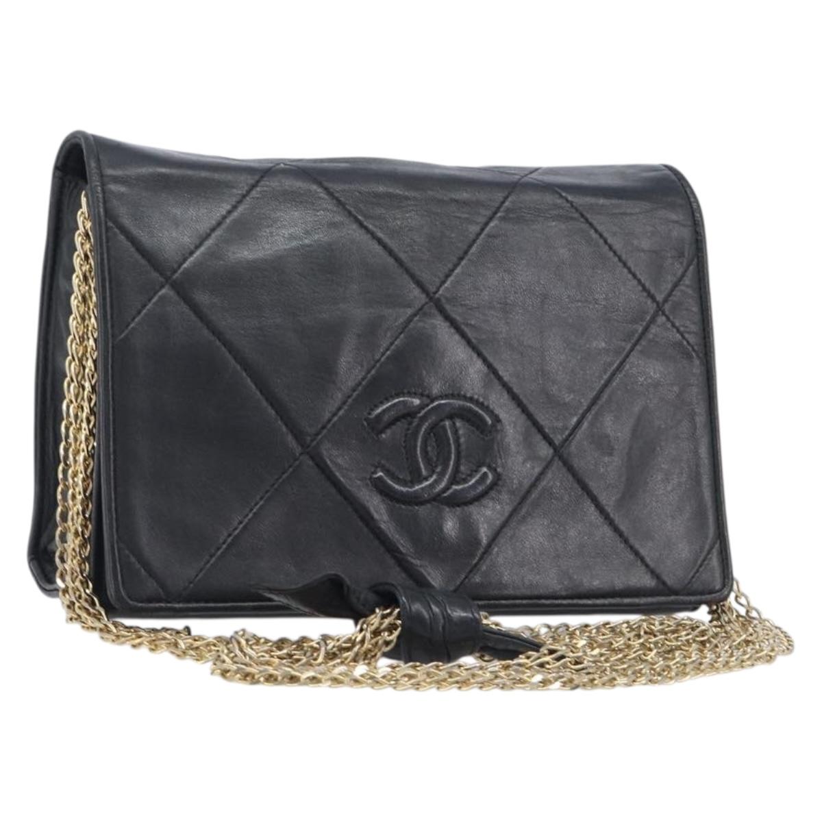 CHANEL Matelasse Chain Shoulder Bag Lamb Skin Black Gold CC Auth bs37711A