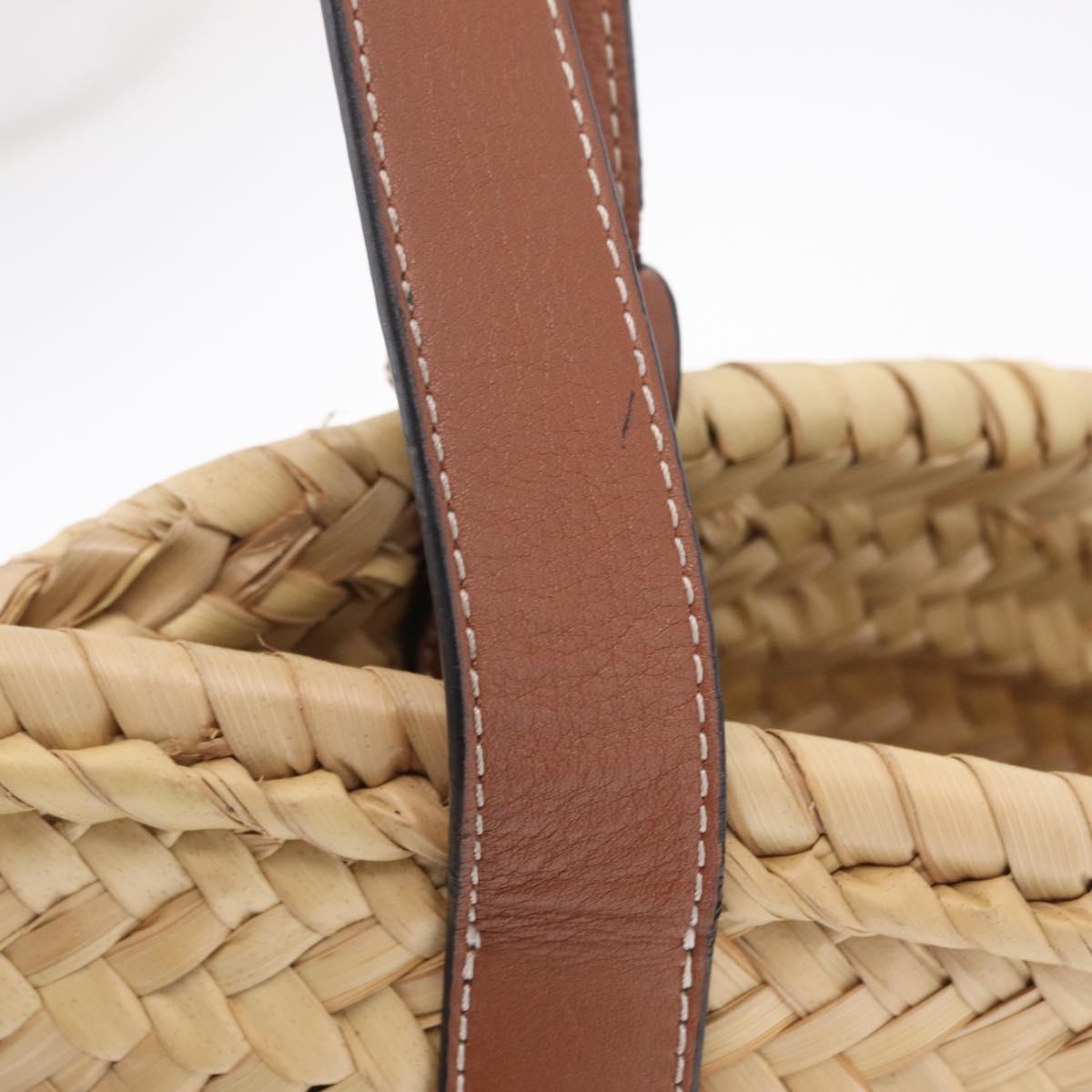 LOEWE Anagram Basket Bag Hand Bag Raffia Leather Beige Silver Auth bs37718A