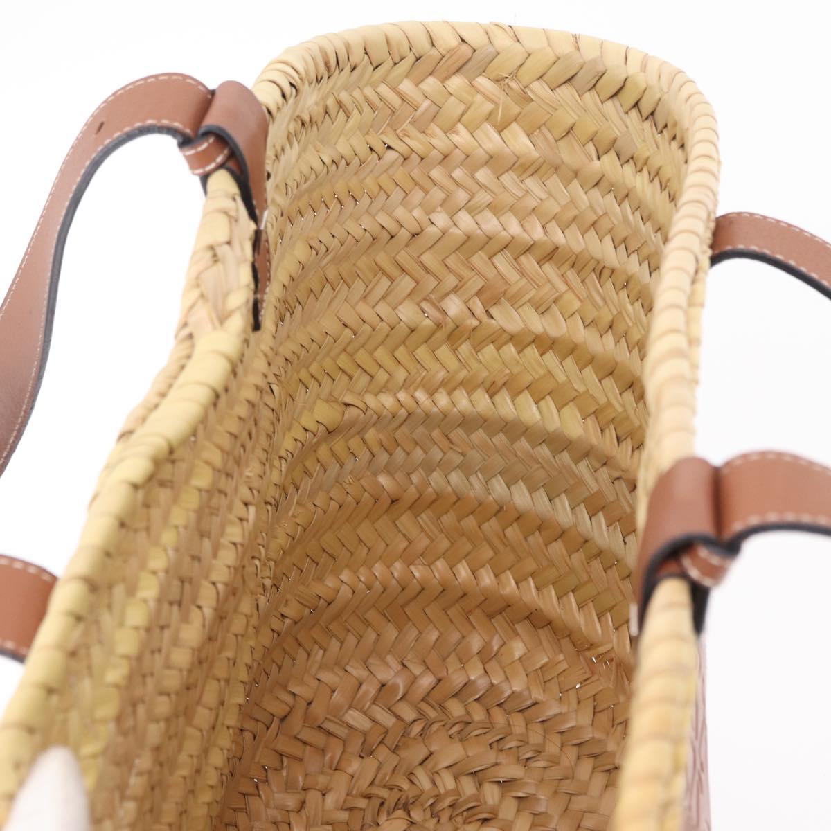 LOEWE Anagram Basket Bag Hand Bag Raffia Leather Beige Silver Auth bs37718A