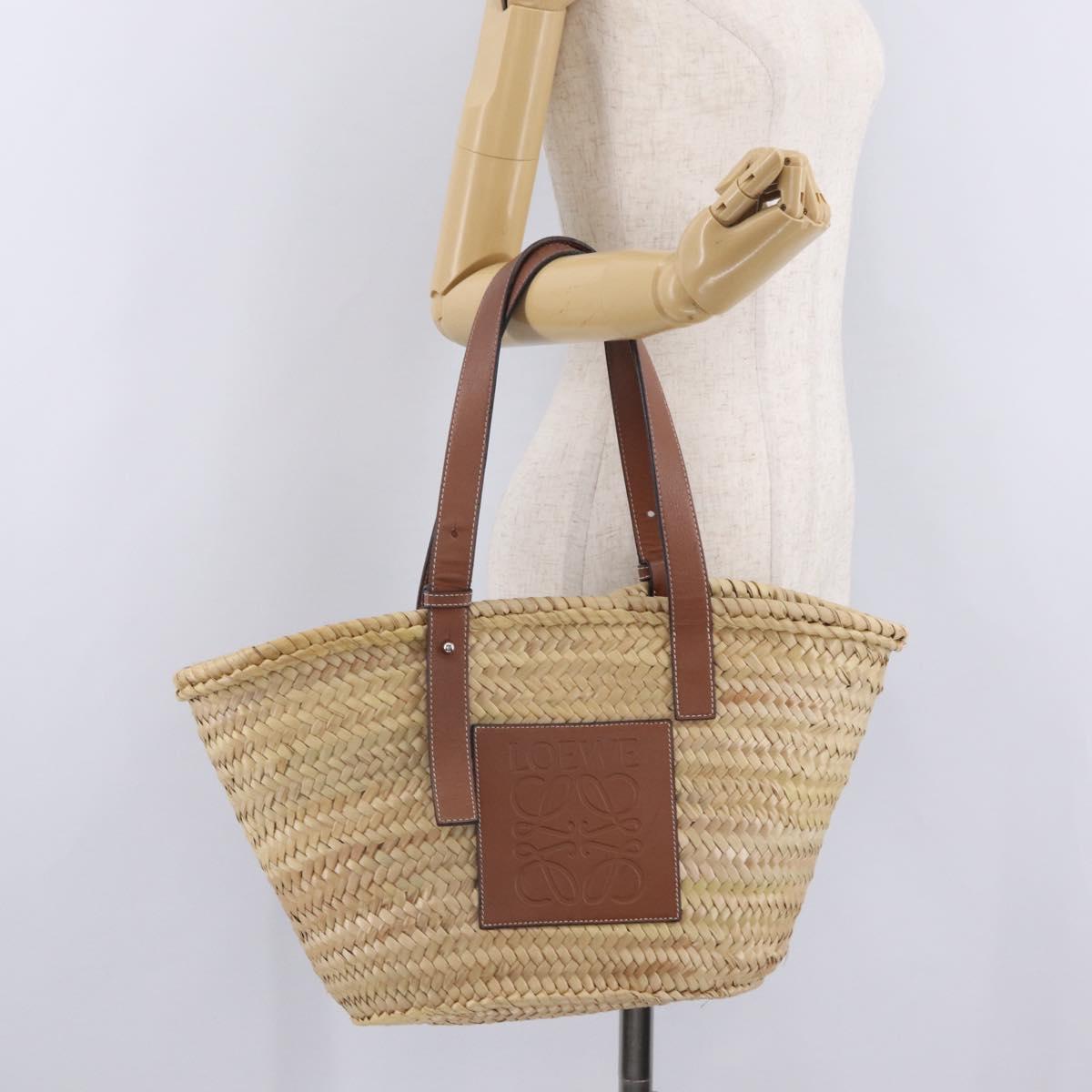 LOEWE Anagram Basket Bag Hand Bag Raffia Leather Beige Silver Auth bs37718A