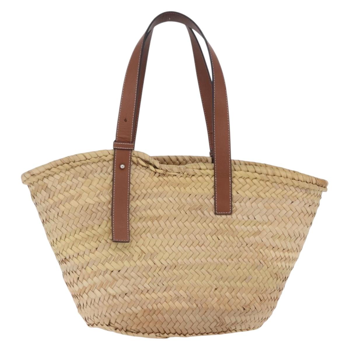 LOEWE Anagram Basket Bag Hand Bag Raffia Leather Beige Silver Auth bs37718A