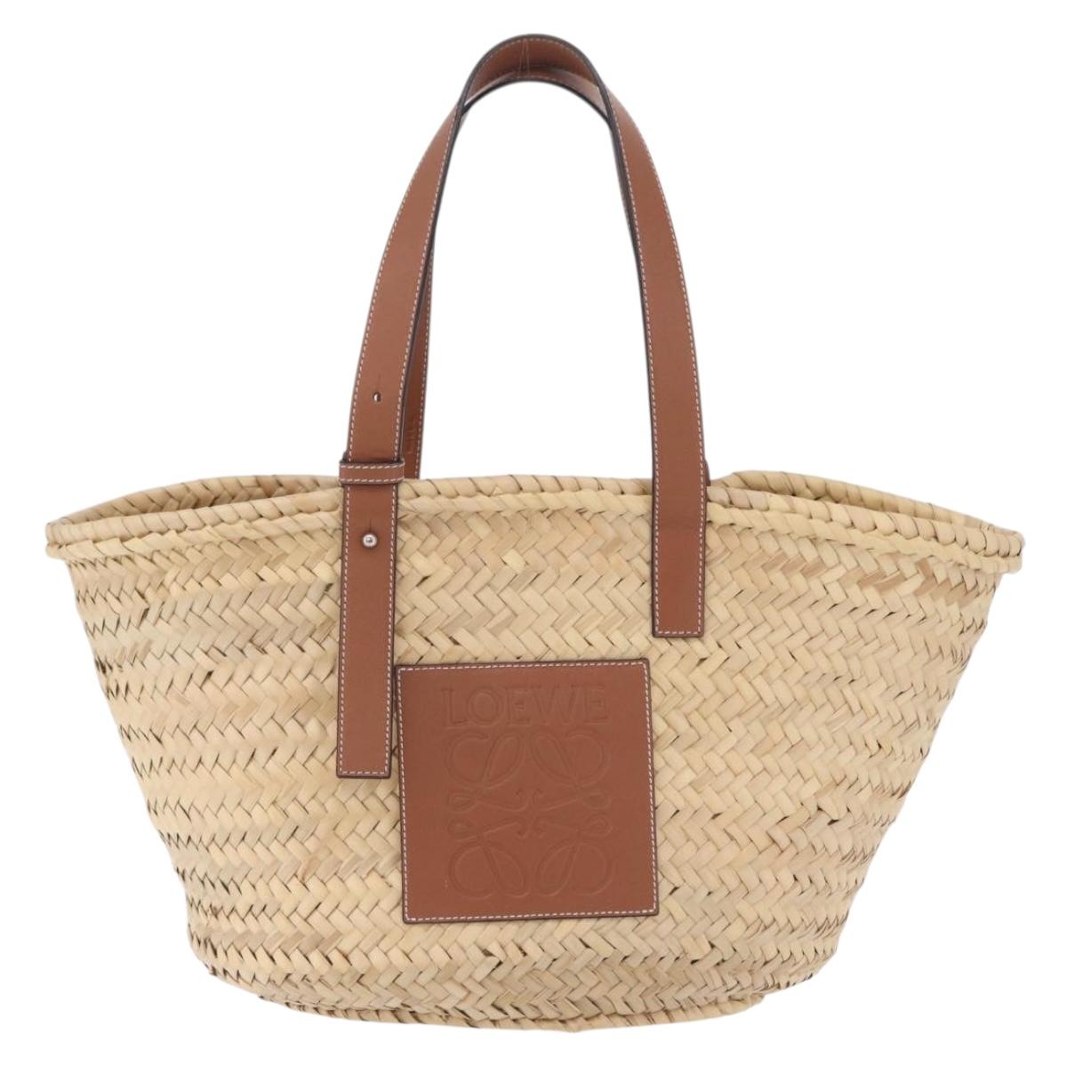 LOEWE Anagram Basket bag Hand Bag Raffia Leather Beige Silver Auth bs37719V