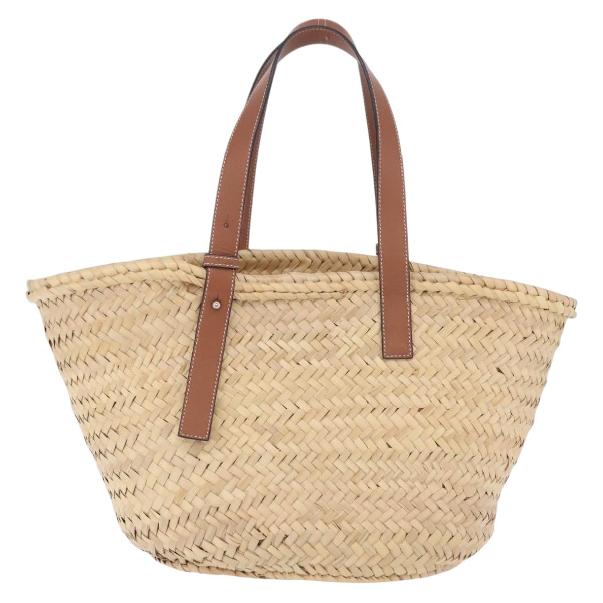 LOEWE Anagram Basket bag Hand Bag Raffia Leather Beige Silver Auth bs37719V