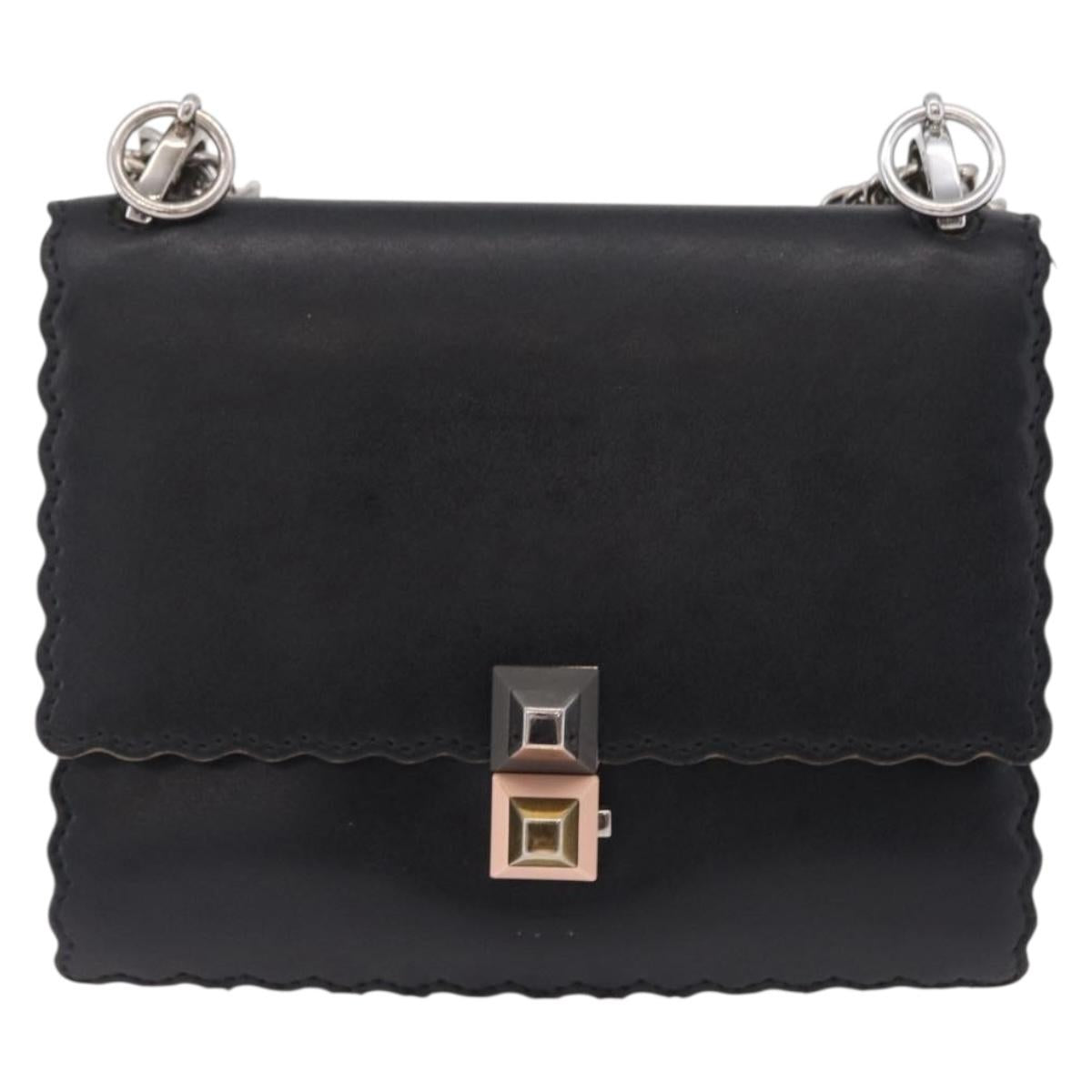 FENDI Canay Chain Shoulder Bag Leather Black Silver 8M0381 Auth bs37743A
