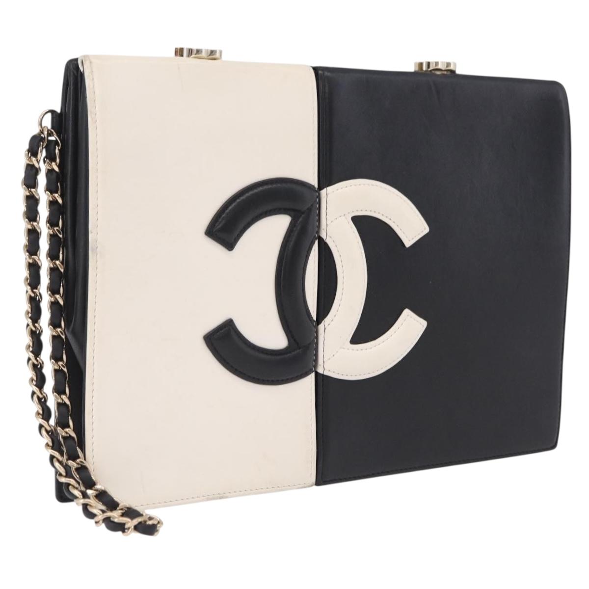 CHANEL CC Split Clutch Bag Lamb Skin Black White Gold CC Auth bs37748V