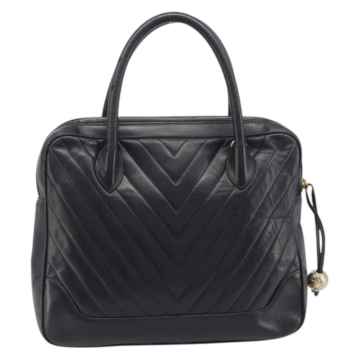 CHANEL V Stitch Hand Bag Leather Black Gold Tone CC Auth bs37749
