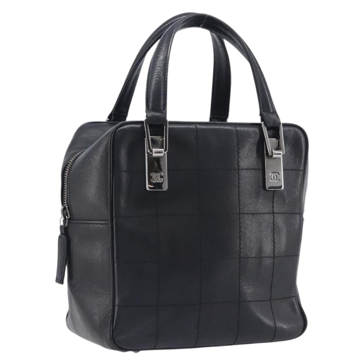 CHANEL Choco Bar Hand Bag Leather Black Silver CC Auth bs37750