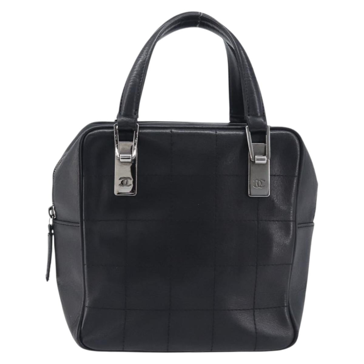 CHANEL Choco Bar Hand Bag Leather Black Silver CC Auth bs37750