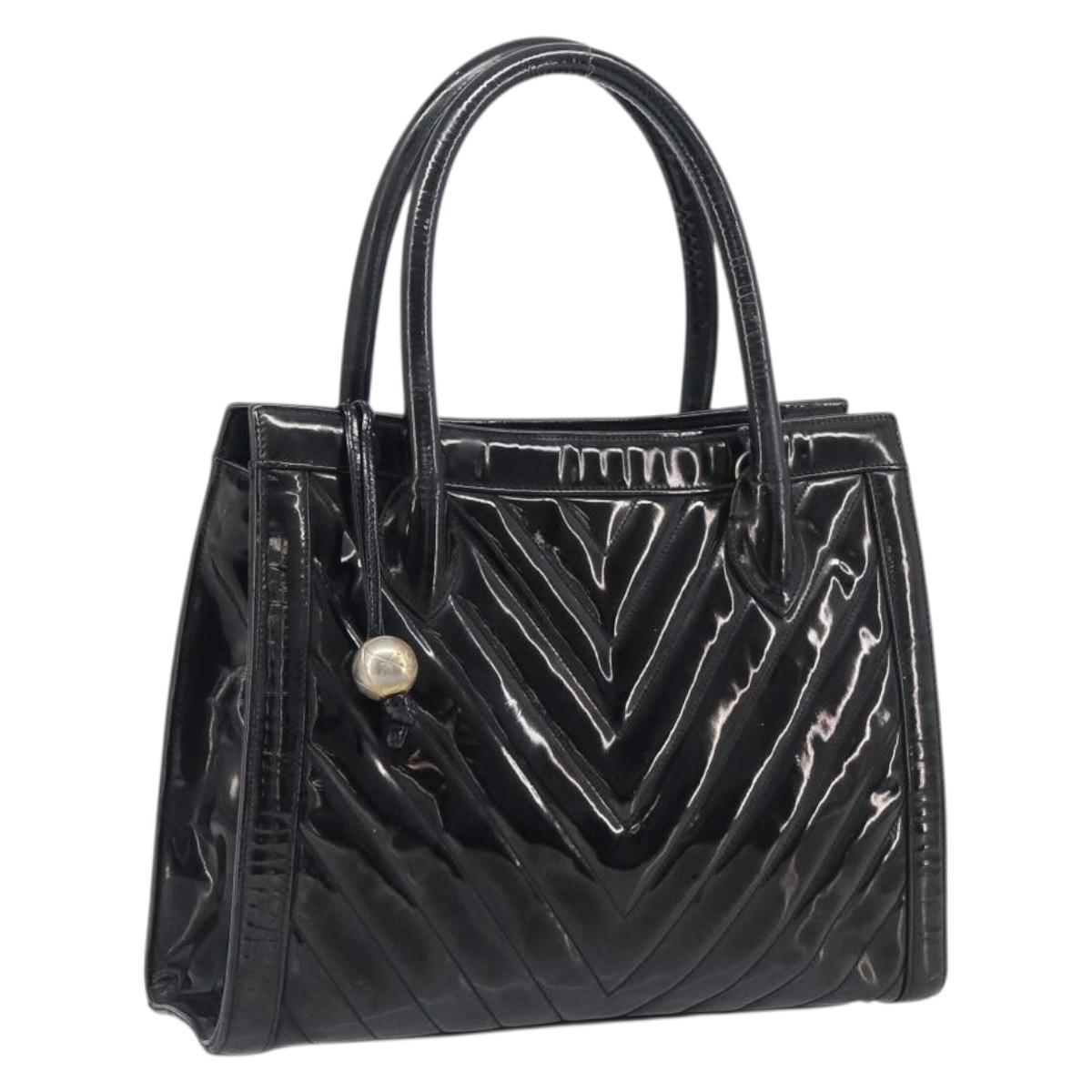 CHANEL V Stitch Hand Bag Patent Black Gold Tone CC Auth bs37752