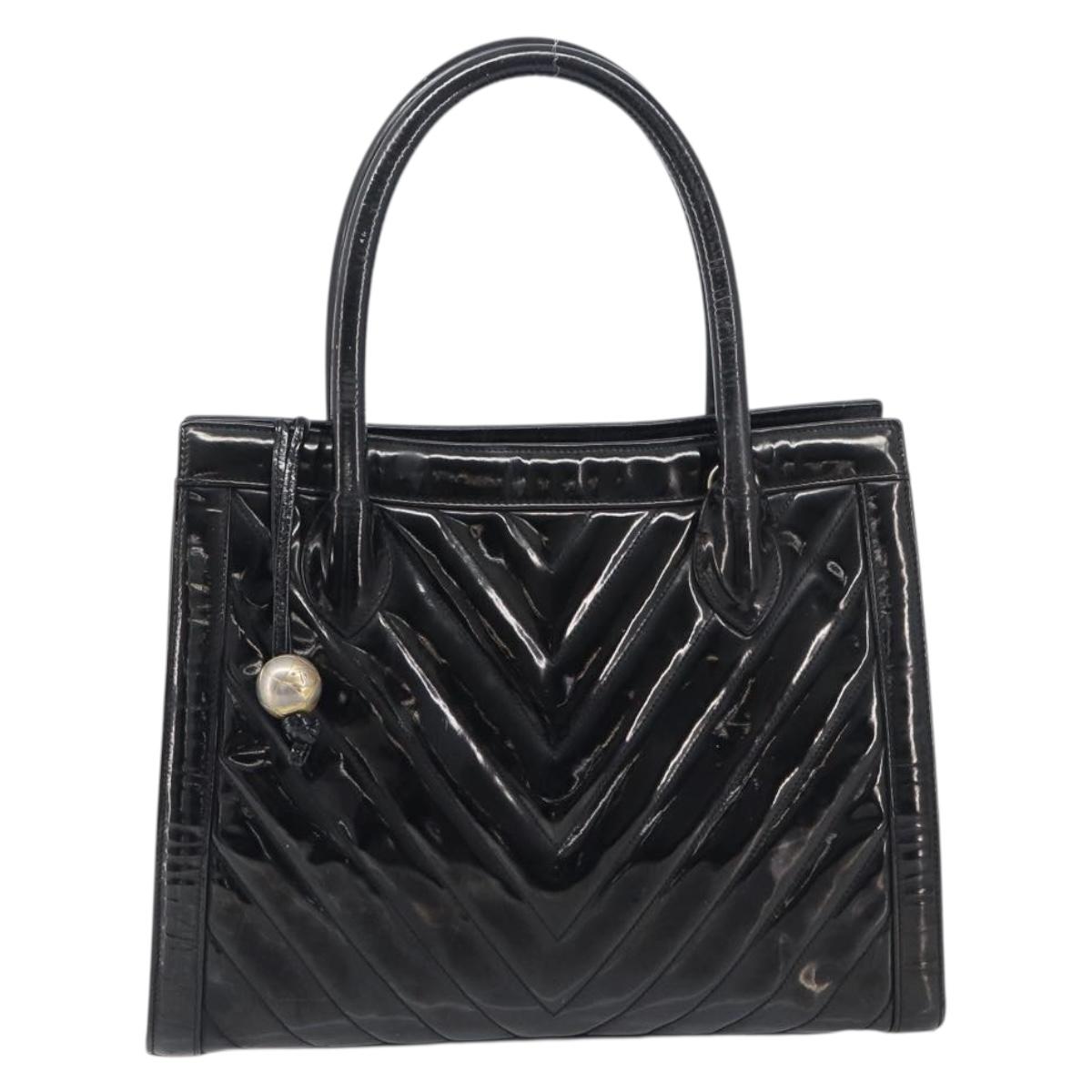 CHANEL V Stitch Hand Bag Patent Black Gold Tone CC Auth bs37752
