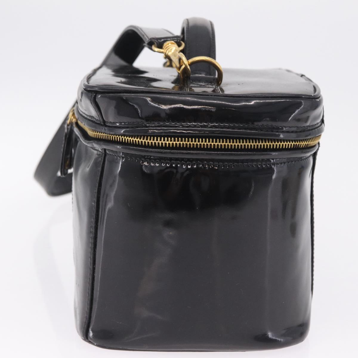 CHANEL Vanity Cosmetic Pouch Patent 2way Black Gold Tone CC Auth bs37755