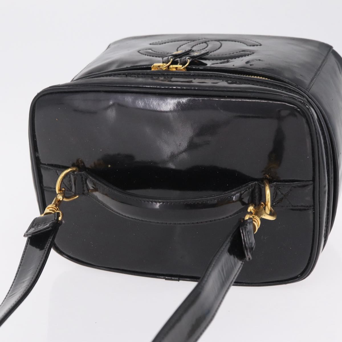 CHANEL Vanity Cosmetic Pouch Patent 2way Black Gold Tone CC Auth bs37755