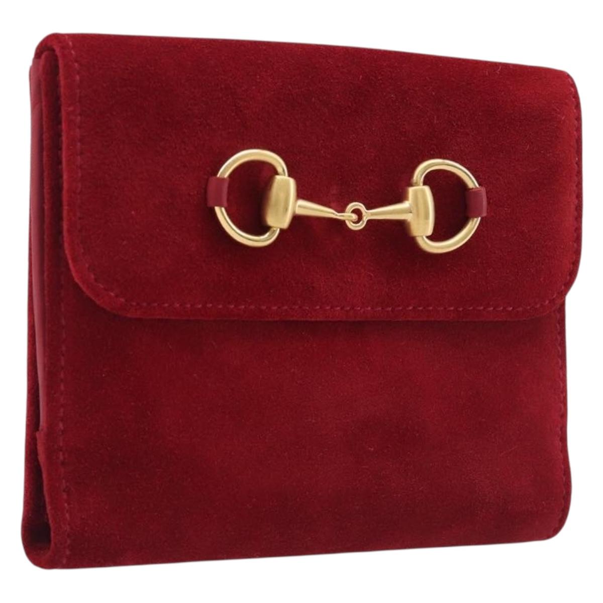GUCCI Horsebit Bifold Wallet Suede Red Gold Tone 035 0959 1836 0 Auth bs37757