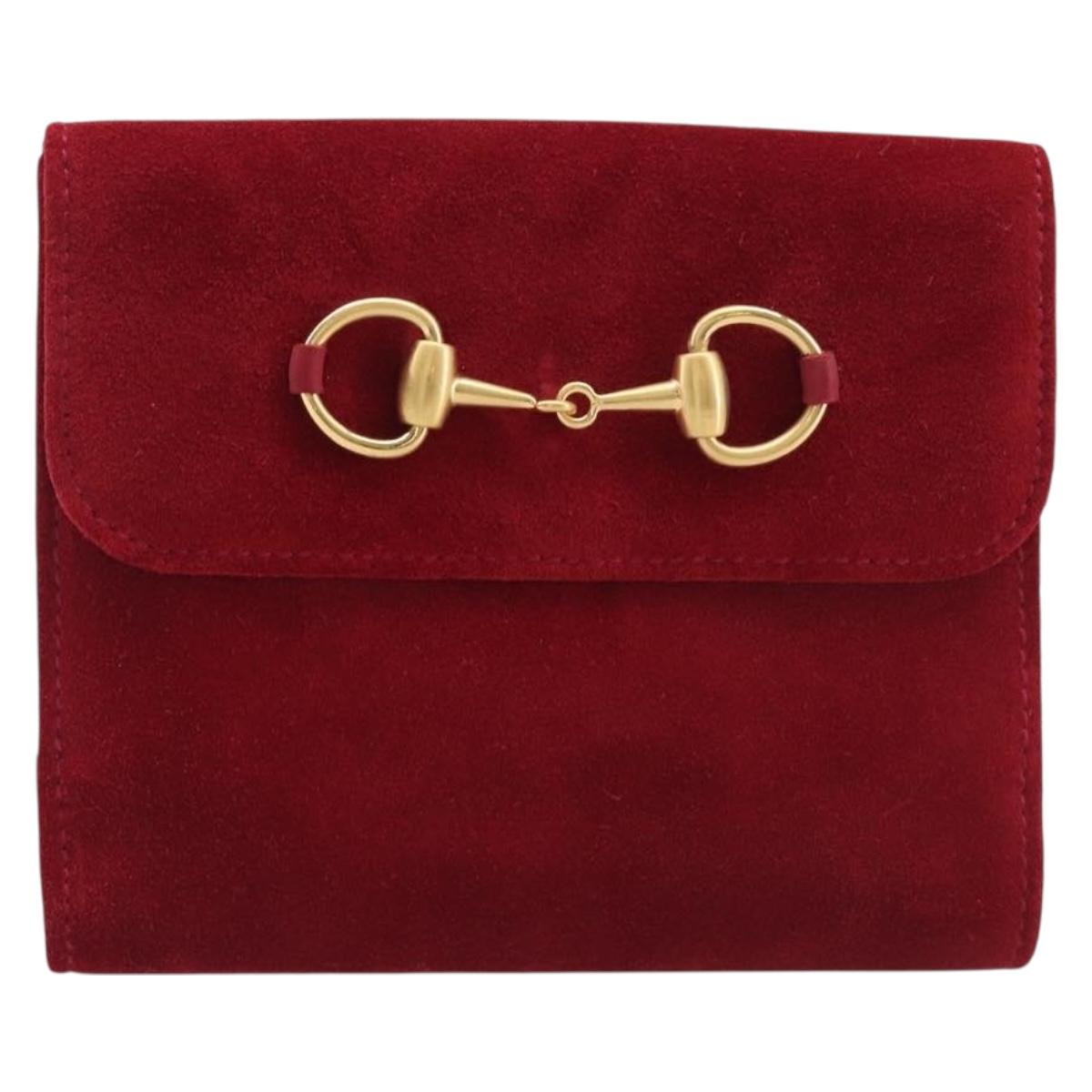 GUCCI Horsebit Bifold Wallet Suede Red Gold Tone 035 0959 1836 0 Auth bs37757