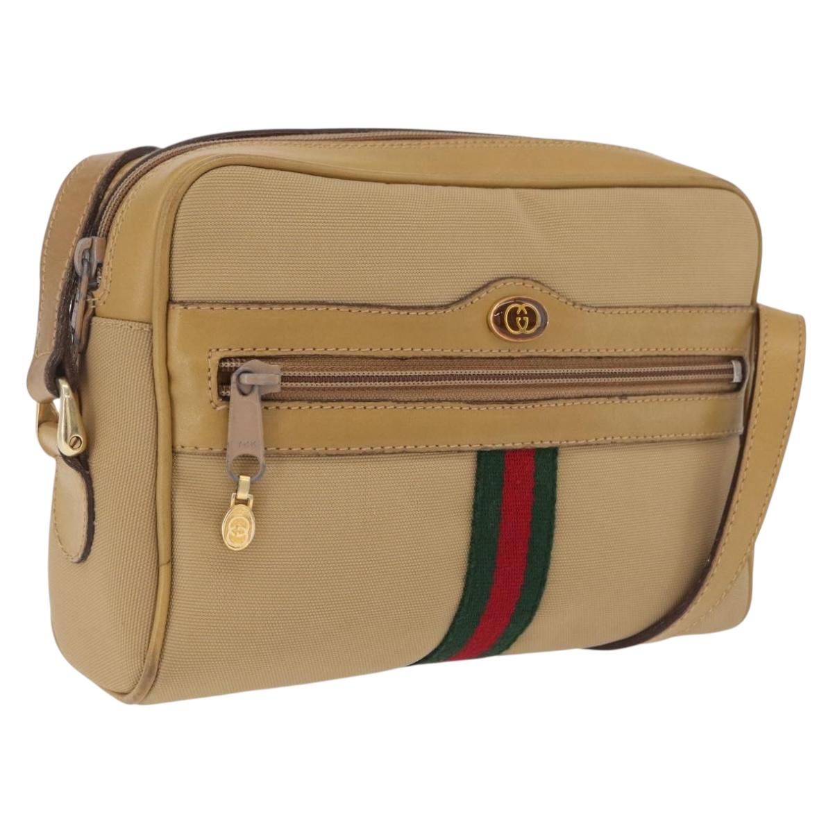 GUCCI Web Sherry Line Shoulder Bag Canvas Beige Gold Tone 010 378 Auth bs37760