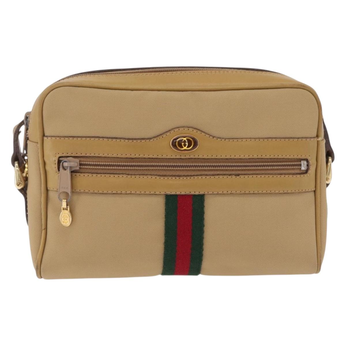 GUCCI Web Sherry Line Shoulder Bag Canvas Beige Gold Tone 010 378 Auth bs37760