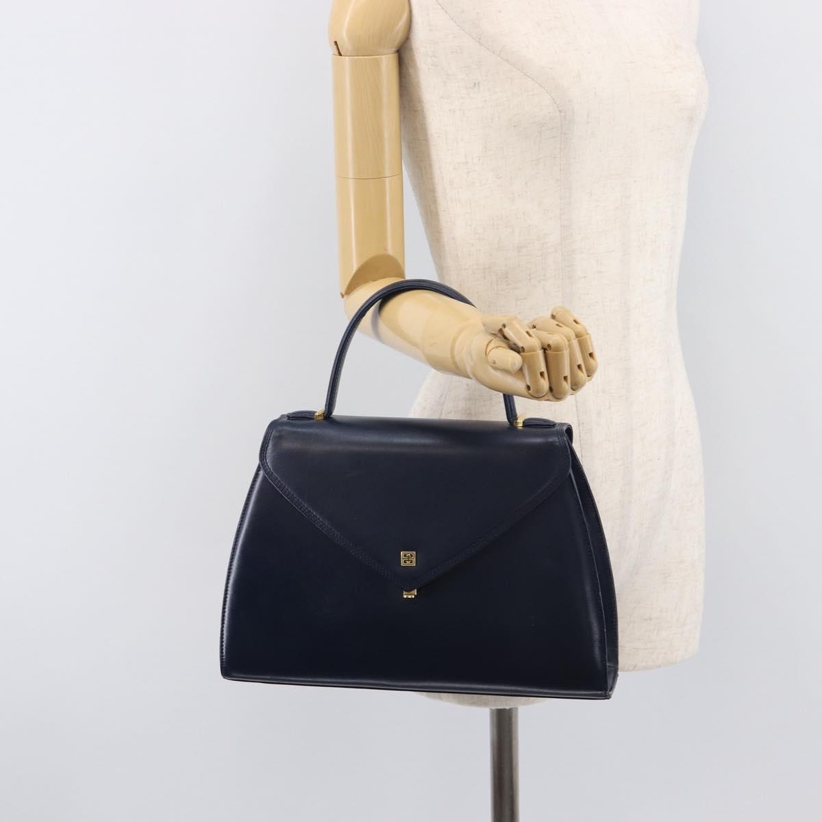 GIVENCHY Hand Bag Leather Navy Gold Tone Auth bs37763
