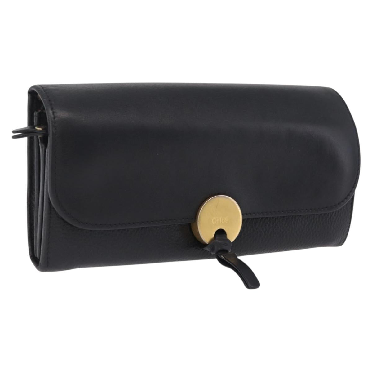 Chloe Indie Long Wallet Leather Black Gold Tone Auth bs37767