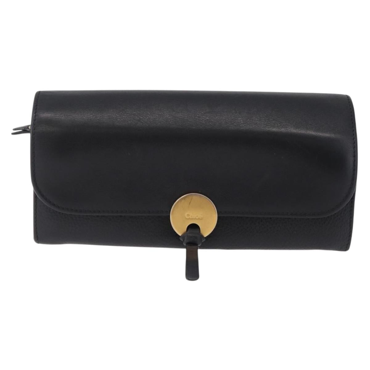 Chloe Indie Long Wallet Leather Black Gold Tone Auth bs37767