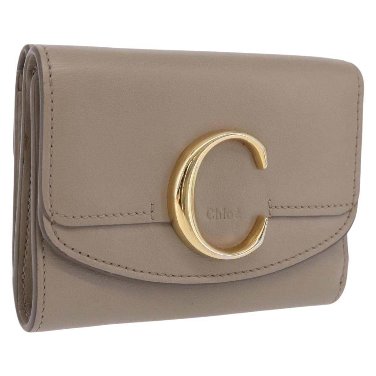 Chloe C Trifold Wallet Leather Beige Gold Tone Auth bs37768A