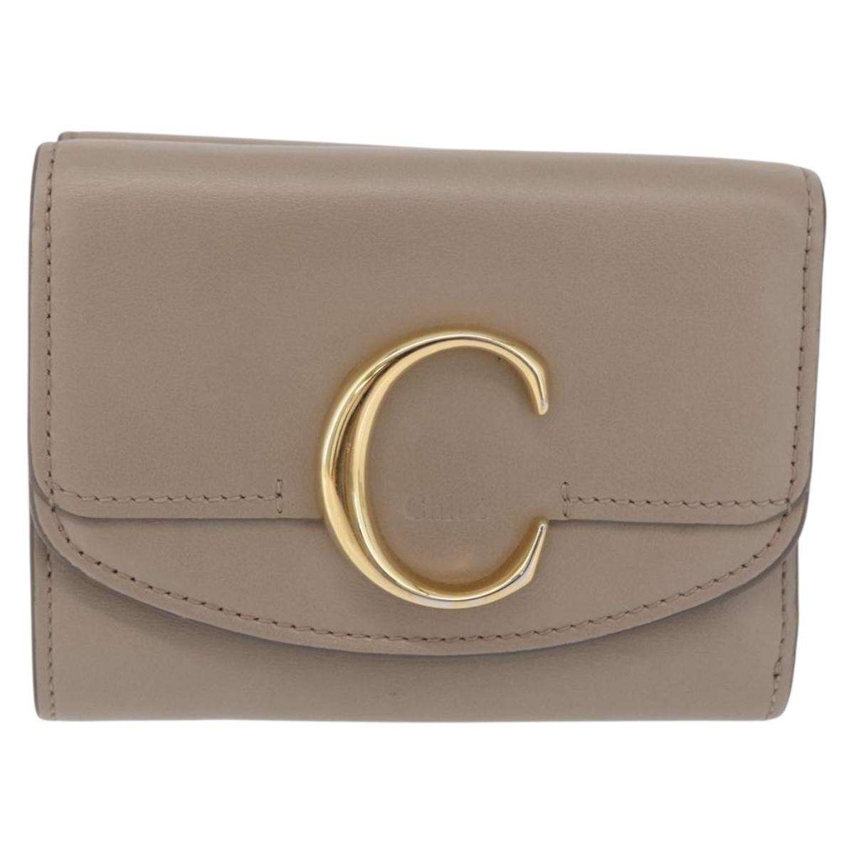 Chloe C Trifold Wallet Leather Beige Gold Tone Auth bs37768A