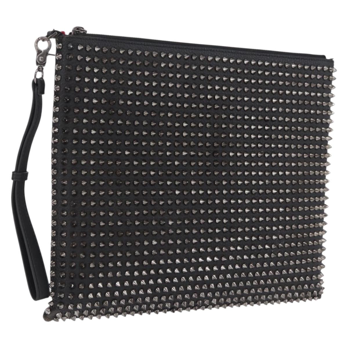 Christian Louboutin Clutch Bag Leather Black Silver Auth bs37769