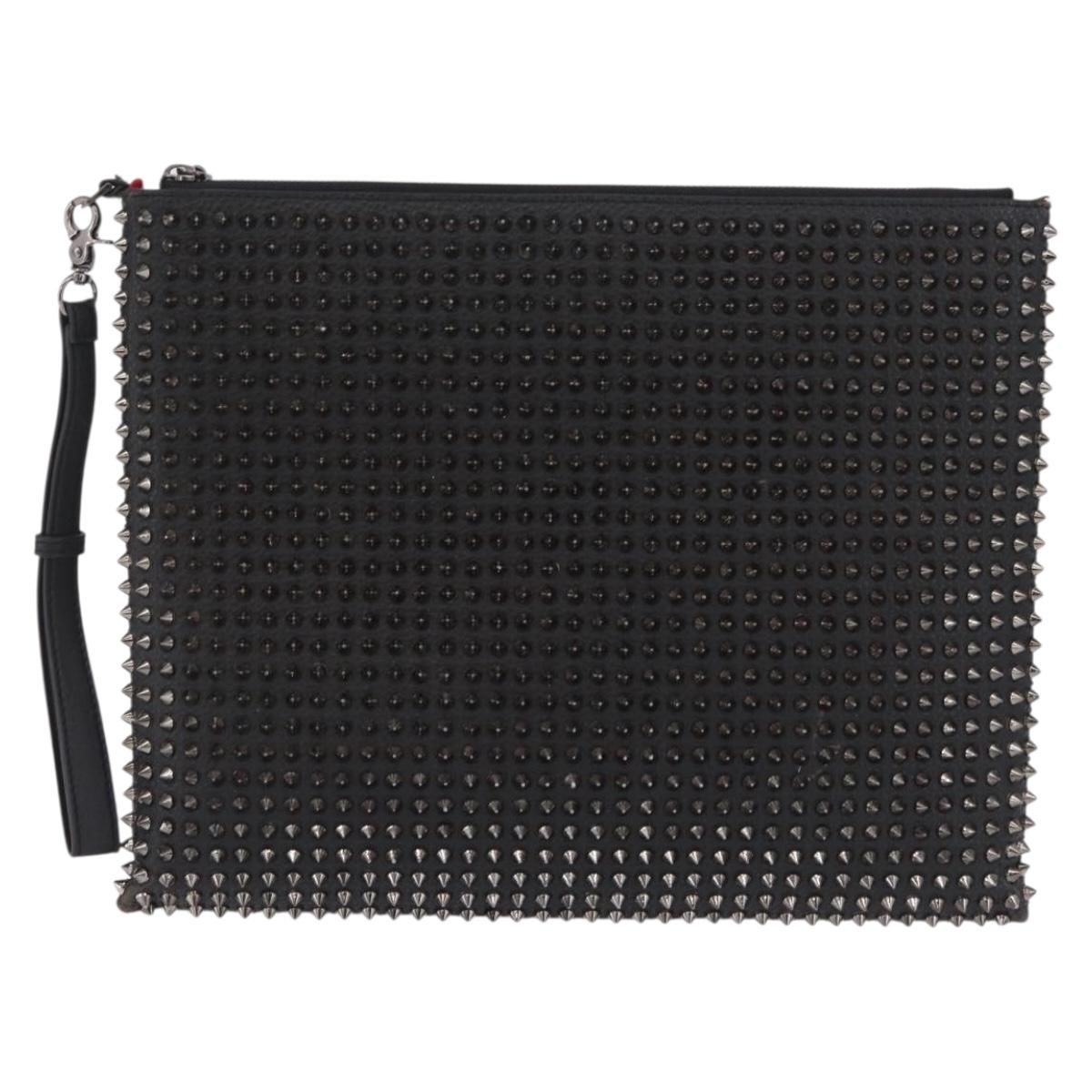 Christian Louboutin Clutch Bag Leather Black Silver Auth bs37769