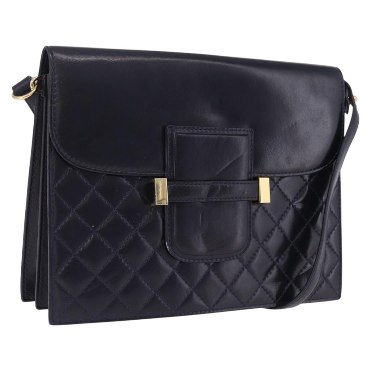 Saint Laurent Shoulder Bag Leather Navy Gold Tone Auth bs37775