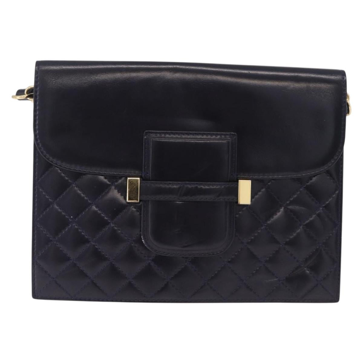 Saint Laurent Shoulder Bag Leather Navy Gold Tone Auth bs37775
