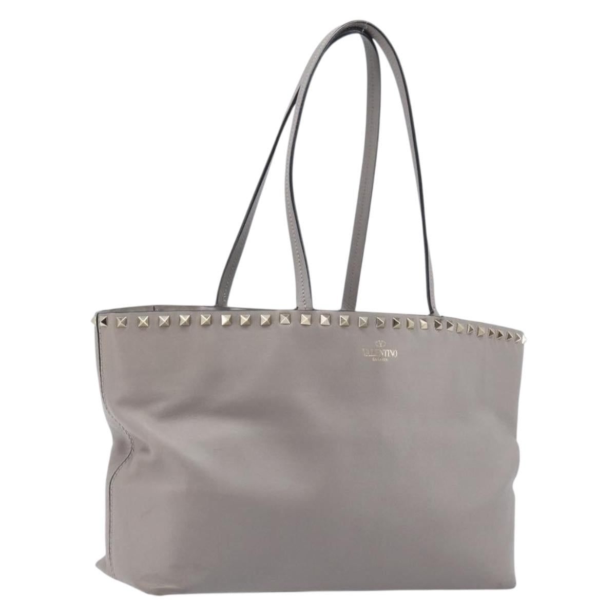 Valentino Studs Tote Bag Leather Gray Gold Tone Auth bs37779