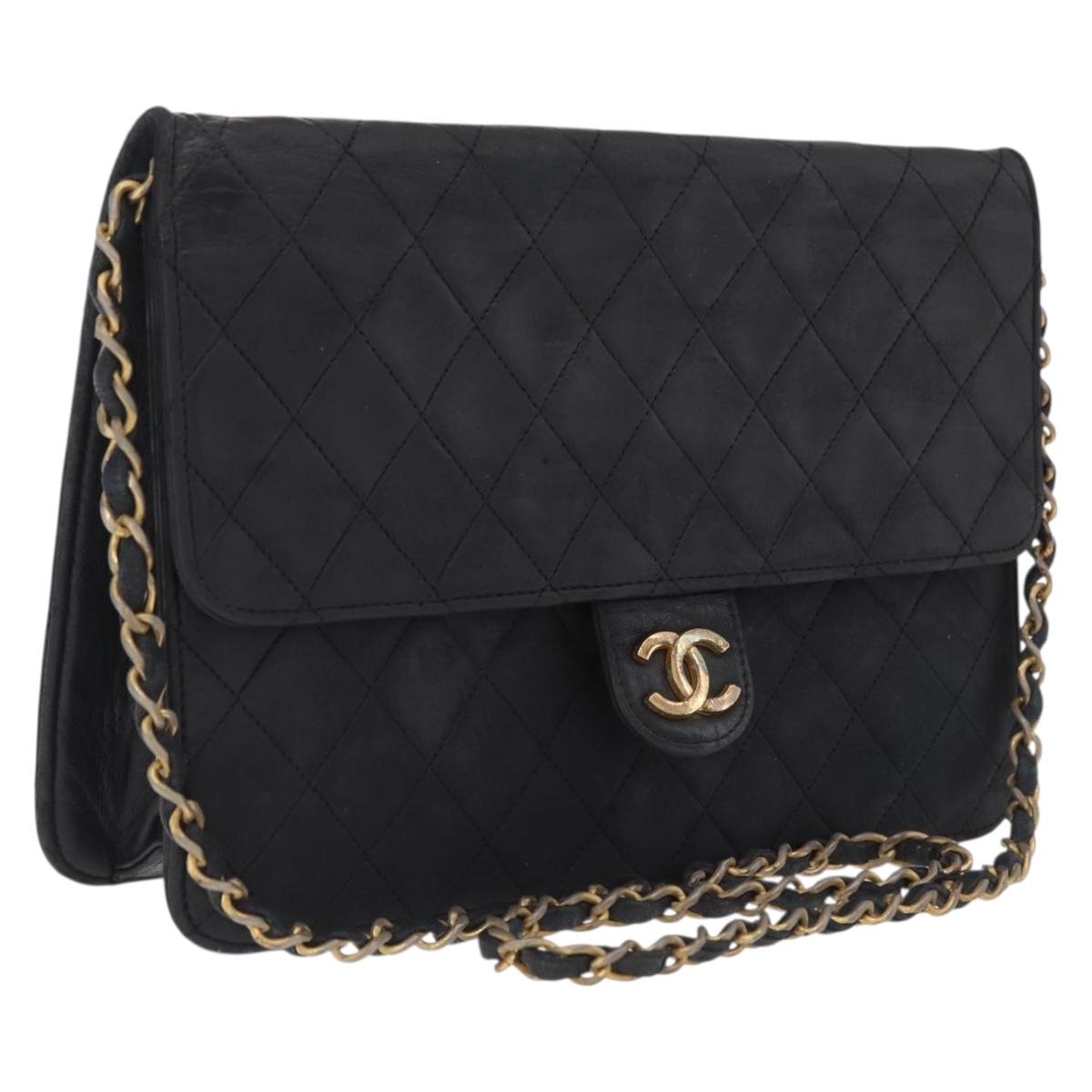 CHANEL Matelasse Chain Shoulder Bag Lamb Skin Black Gold Tone CC Auth bs37785
