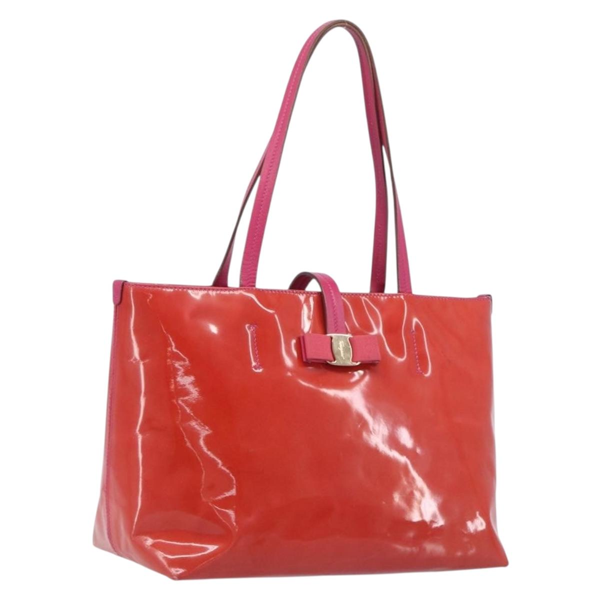 Salvatore Ferragamo Vala Tote Bag Patent Pink Gold Tone Auth bs37792
