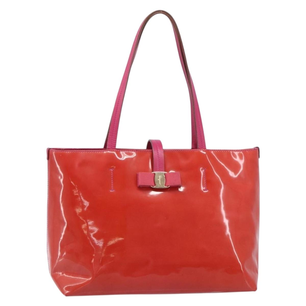 Salvatore Ferragamo Vala Tote Bag Patent Pink Gold Tone Auth bs37792