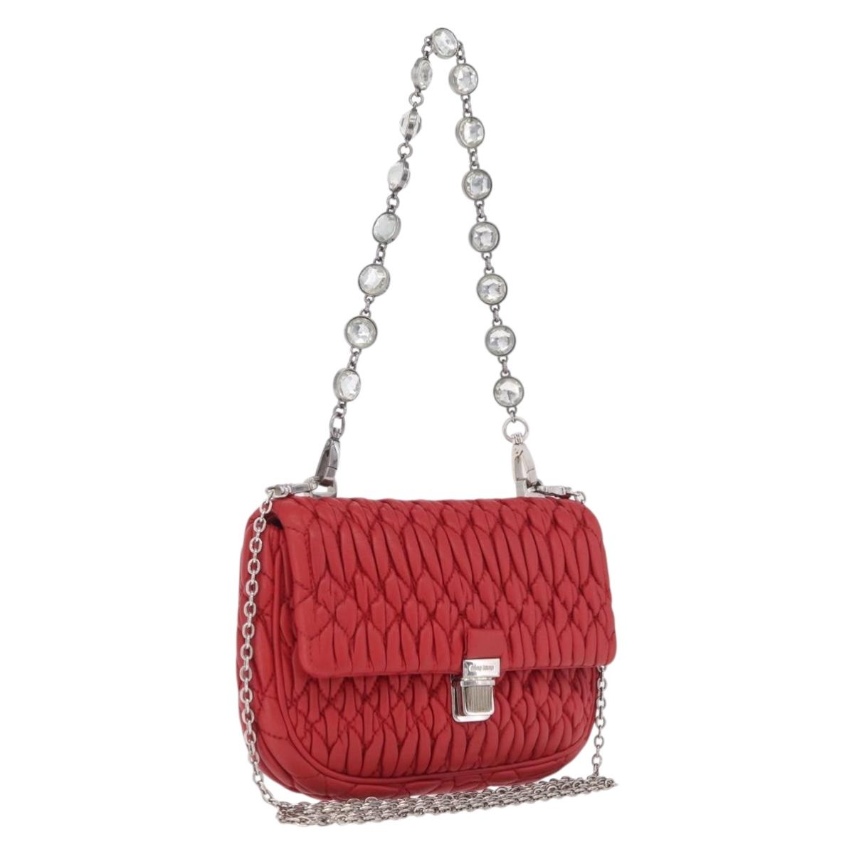 Miu Miu Matelasse Chain Shoulder Bag Leather Red Silver Auth bs37793A
