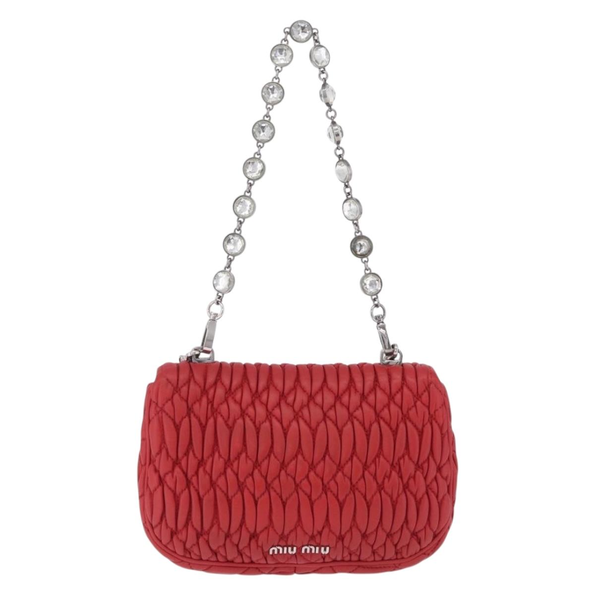 Miu Miu Matelasse Chain Shoulder Bag Leather Red Silver Auth bs37793A