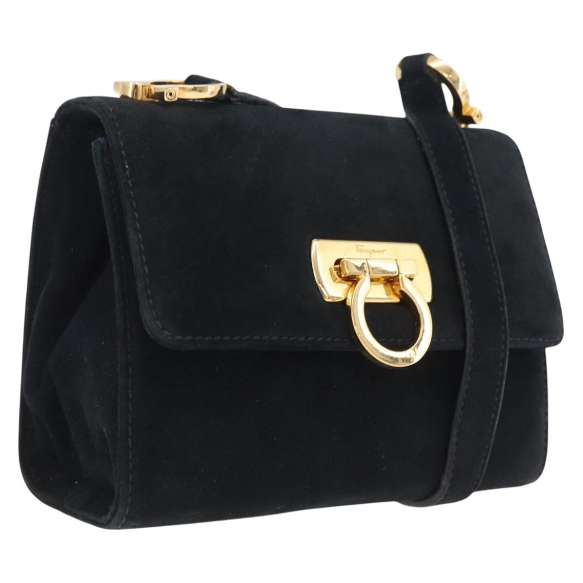 Salvatore Ferragamo Gancini Shoulder Bag Suede Navy Gold Tone Auth bs37795