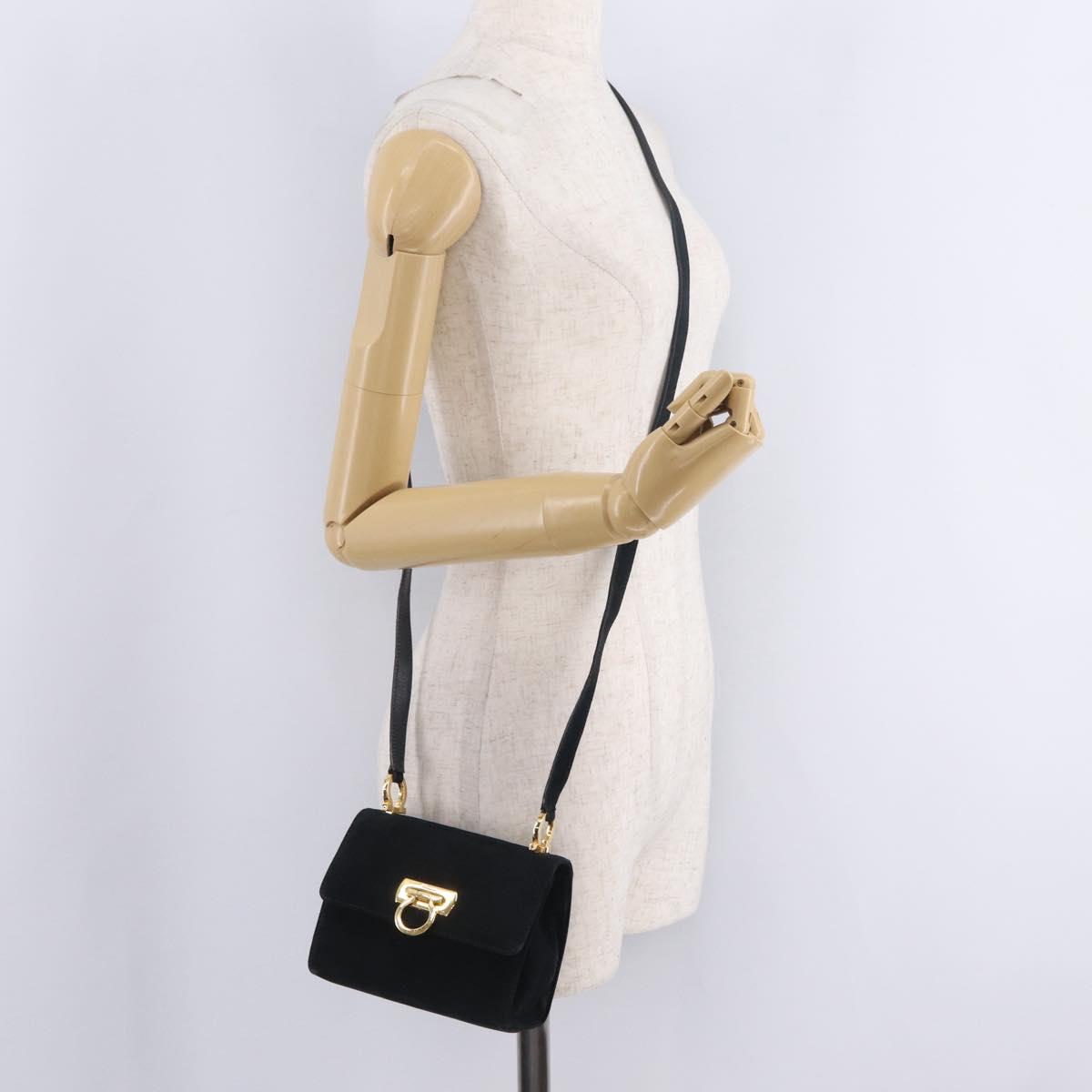 Salvatore Ferragamo Gancini Shoulder Bag Suede Navy Gold Tone Auth bs37795