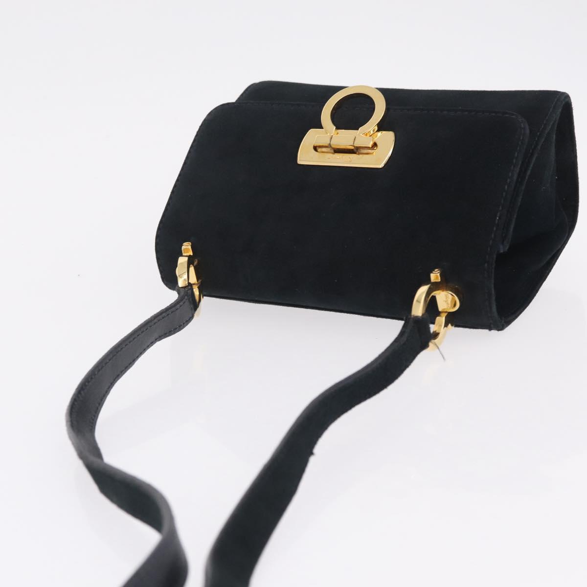 Salvatore Ferragamo Gancini Shoulder Bag Suede Navy Gold Tone Auth bs37795