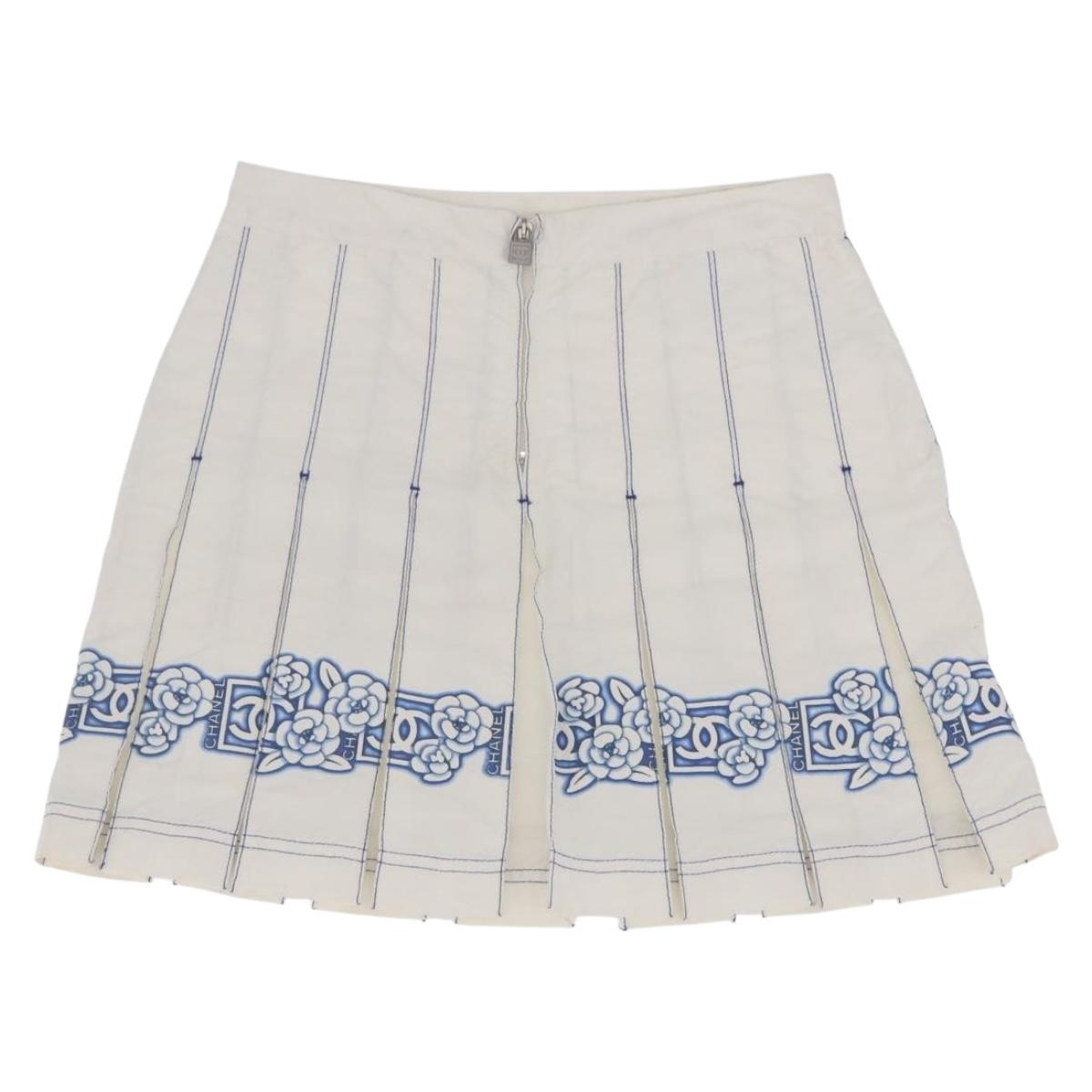 CHANEL Camelia Skirt Nylon White Blue CC Auth bs37820V