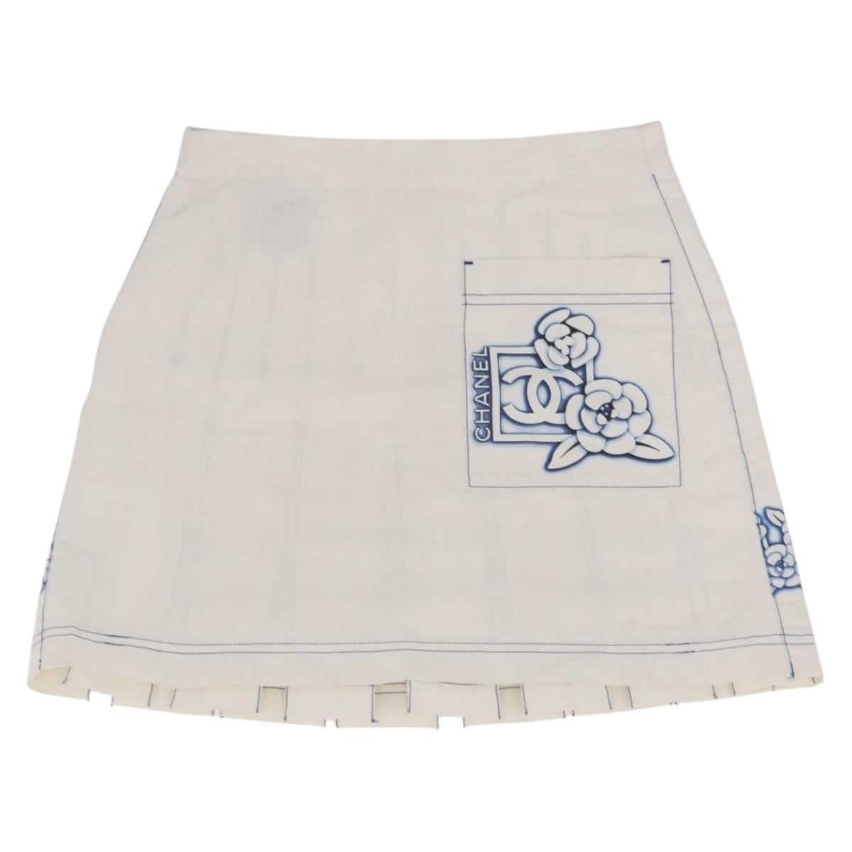 CHANEL Camelia Skirt Nylon White Blue CC Auth bs37820V