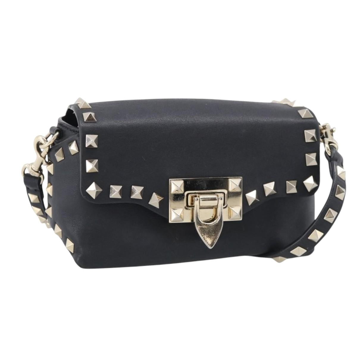 Valentino Rock Studs Shoulder Bag Leather Black Gold Tone Auth bs37832
