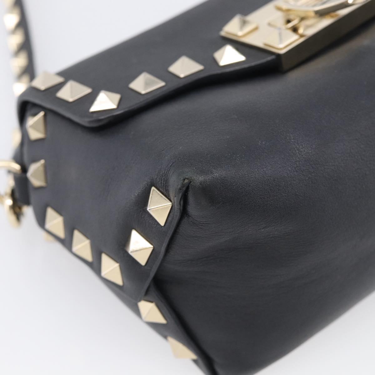 Valentino Rock Studs Shoulder Bag Leather Black Gold Tone Auth bs37832