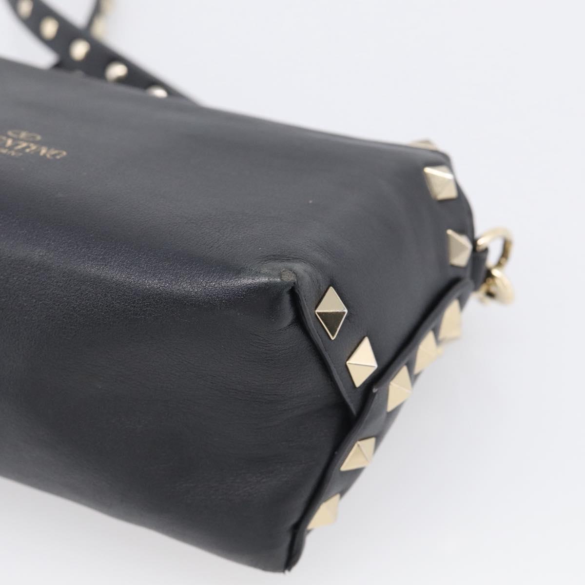 Valentino Rock Studs Shoulder Bag Leather Black Gold Tone Auth bs37832